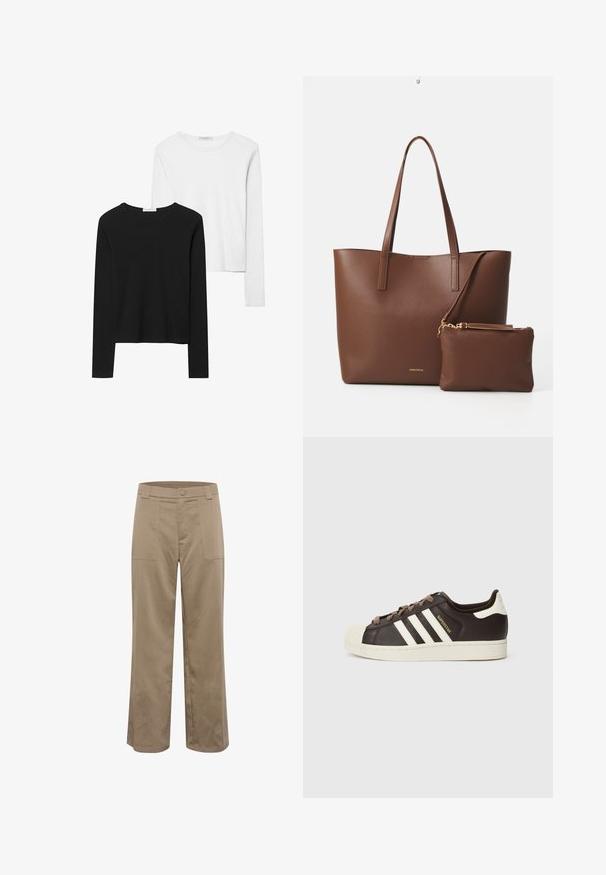 Black and white long-sleeve t-shirts, featuring round necklines, soft fabric, and a fitted design with straight hems.; Khaki wide-leg trousers with a straight cut, made from textured fabric, featuring two front pockets and a button closure at the waist.; Low-top Adidas Superstar sneaker in dark brown leather with cream shell toe, white stripes, and "Superstar" text on the side.; Brown faux leather tote bag with two long handles and a matching small pouch. The surface features a textured pattern and gold hardware accents.