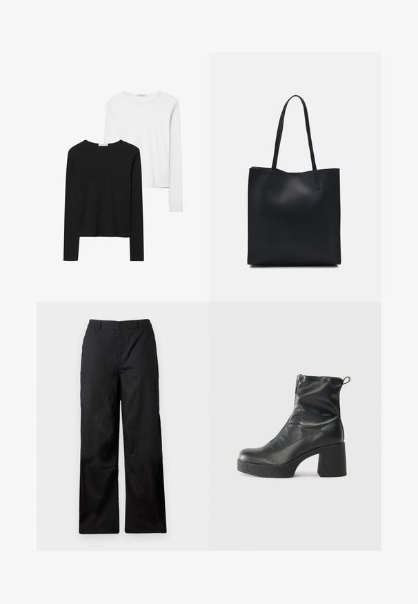 Svart- och vitfärgade långärmade t-shirts med rund halsringning, mjukt tyg och en åtsittande design med raka fållar.; Svarta, vida byxor i slätt tyg. Har en knappstängning och bältesslingor. Inga synliga mönster eller detaljer.; Svarta ankelstövlar i slitstark läder, med sidodragkedja, kraftig strukturerad klack och rundad tådesign.; Svart lädertoffelväska med slät textur, rektangulär form och två långa handtag. Ingen synlig hårdvara eller dekorationer.