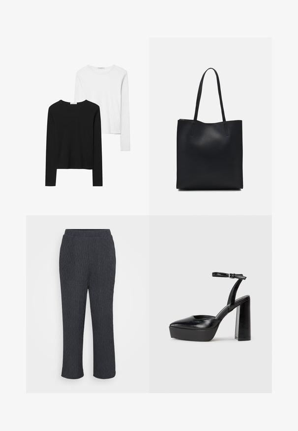 T-shirts à manches longues noir et blanc, avec des encolures rondes, un tissu doux et un design ajusté avec des ourlets droits.; Pantalons gris foncé avec un design texturé et côtelé, dotés d'une taille élastique et de jambes fuselées. Fabriqués en matériau léger et doux.; Escarpins noirs à plateforme avec un bout pointu et une sangle réglable à la cheville. Conçus en cuir lisse, avec un large talon bloc.; Sac fourre-tout en cuir noir avec une texture lisse, de forme rectangulaire et deux longues poignées. Pas de matériel ou d'ornementations visibles.
