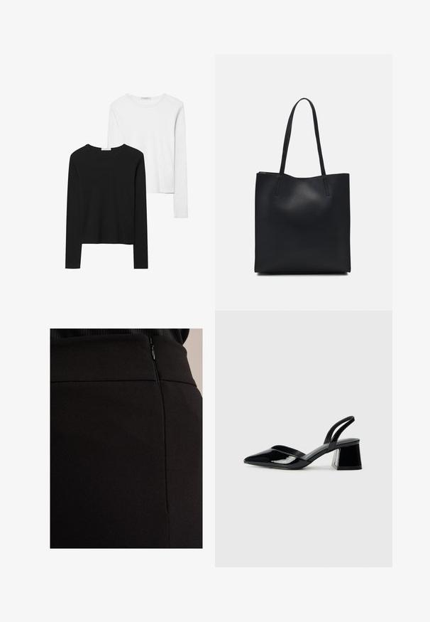 Črno-beli dolg rokav t-shirti z okroglimi izrezi, mehkim blagom in prilegajočim dizajnom z ravnimi robovi.; Črna krilna krila z teksturirano tkanino, skritim zapiranjem z zadrgo na strani in gladkim pasom za eleganten videz.; Črne lakirane slingback pete s koničastim nosom in geometrijsko blokasto peto. Imajo eleganten, minimalističen dizajn in gladko teksturo.; Črna usnjena torba s svilnato teksturo, pravokotne oblike in dvema dolgima ročajema. Brez vidnih metalnih delov ali okrasnih elementov.