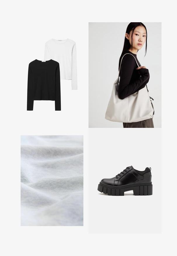 Schwarz-weiß gestreifte Langarmshirts mit Rundhalsausschnitten, weichem Stoff und einer taillierten Passform mit geraden Säumen.; Weicher, hellgrauer Baumwollstoff mit sichtbarer feiner Strickstruktur und sanften Falten, die subtile Schatten erzeugen.; Schwarze Lederplateauschuhe mit klobigem Blockabsatz, runder Zehenpartie und traditionellem Schnürdesign. Verfügt über eine glatte Textur und minimale Details.; Beige Handtasche aus weichem Material, mit einem lässigen Design, gesteppten Details und zwei Schulterriemen. Geeignet für den täglichen Gebrauch.