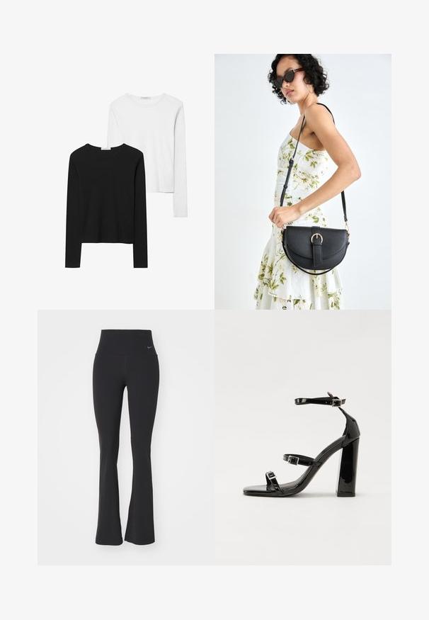 Sorte og hvide langærmede t-shirts med rund hals, blødt stof og en tætsiddende design med lige kant.; Sorte yogabukser med høj talje, lavet af strækbart stof. Har en flagrende design og et lille Nike-logo ved taljen.; Sorte patenterede hælsandaler med firkantet tå, ankelremme og sølvspænder. Har en chunky blokHæl for stabilitet.; Sort læderhåndtaske med en buet form, aftagelig rem og guldfinish. Tasken har en klap med en spænde detalje.