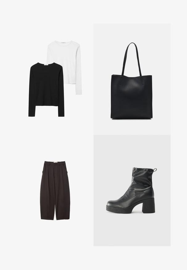 T-shirts à manches longues noir et blanc, avec des encolures rondes, un tissu doux et un design ajusté avec des ourlets droits.; Pantalons larges noirs en tissu lisse, avec une taille haute, des plis avant et des poches latérales. Design simple sans embellissements.; Bottes noires à la cheville en cuir lisse, dotées d'une fermeture éclair sur le côté, d'un talon épais texturé et d'une conception à bout rond.; Sac fourre-tout en cuir noir avec une texture lisse, de forme rectangulaire et deux longues poignées. Pas de matériel ou d'ornementations visibles.