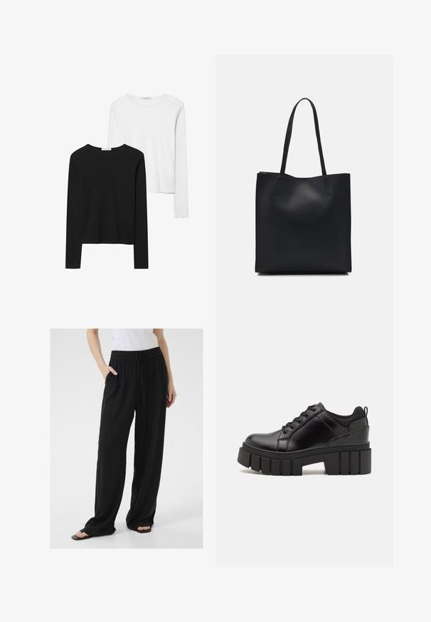 Magliette a maniche lunghe in bianco e nero, con collo rotondo, tessuto morbido e design aderente con orli dritti.; Pantaloni neri larghi realizzati in tessuto morbido con vita elasticizzata, cordoncino regolabile e tasche laterali. Design con gamba svasata.; Scarpe platform in pelle nera con tacco a blocco robusto, punta rotonda e design tradizionale con lacci. Presentano una superficie liscia e dettagli minimi.; Borsa tote in pelle nera con texture liscia, forma rettangolare e due manici lunghi. Nessun hardware o decorazione visibile.