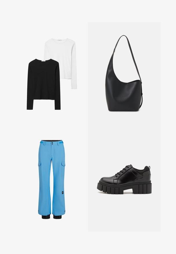Zwart-witte t-shirts met lange mouwen, met ronde halslijnen, zachte stof en een aansluitend ontwerp met rechte zomen.; Blauwe skibroek met een rechte snit, gemaakt van waterdicht materiaal. Voorzien van cargozakken en elastische manchetten met zwarte accenten.; Zwarte leren platform schoenen met een stevige blokhak, ronde neus en een traditionele vetersluiting. Kenmerkt zich door een gladde textuur en minimale details.; Zwarte leren hobo tas met een gladde textuur, kromme vorm en een enkele verstelbare schouderband; heeft een brede opening aan de bovenkant.