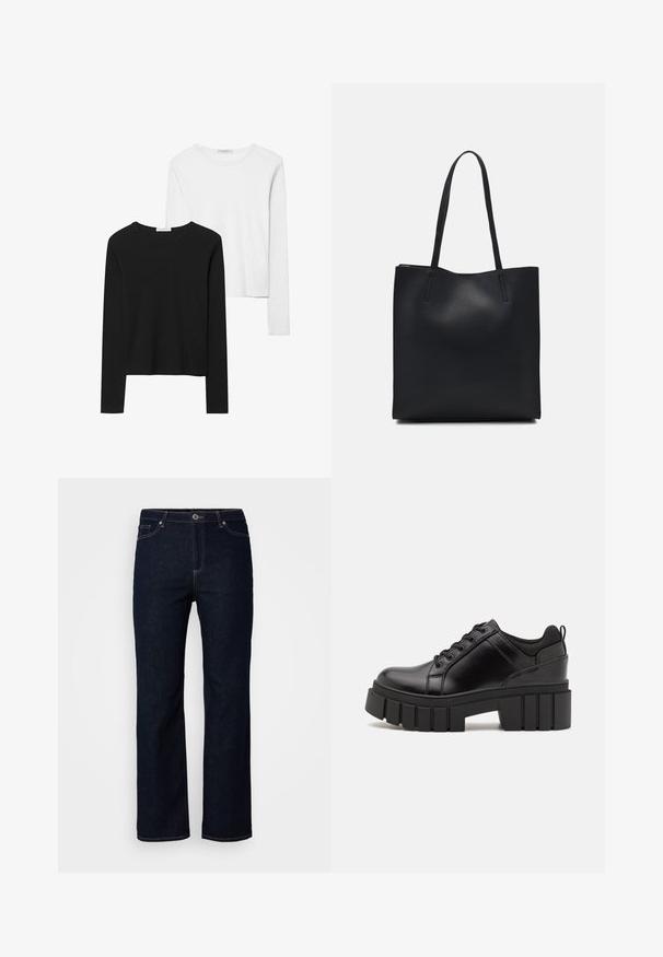 Schwarz-weiß gestreifte Langarmshirts mit Rundhalsausschnitten, weichem Stoff und einer taillierten Passform mit geraden Säumen.; Dunkelblaue Denim-Jeans, gerades Bein, Fünf-Taschen-Stil, dezente Stickdetails, Reißverschluss mit Knopfverschluss.; Schwarze Lederplateauschuhe mit klobigem Blockabsatz, runder Zehenpartie und traditionellem Schnürdesign. Verfügt über eine glatte Textur und minimale Details.; Schwarze Laptoptasche aus Leder mit glatter Textur, rechteckiger Form und zwei langen Griffen. Keine sichtbaren Beschläge oder Verzierungen.