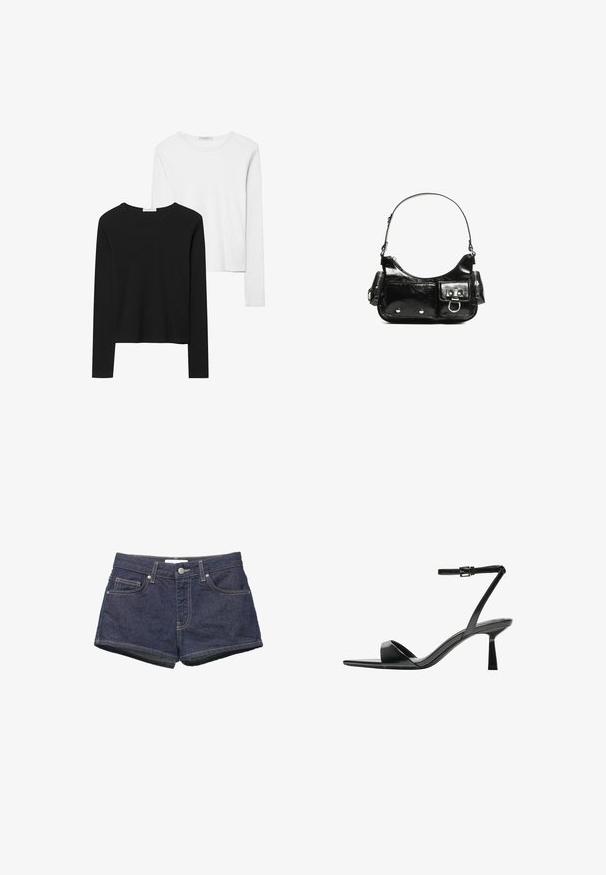 Musta ja valkoinen pitkähihainen t-paita, jossa on pyöreät kaula-aukot, pehmeä kangas ja vartalonmyötäinen muotoilu suorin helmoin.; Sinih jeans lyhyet shortsit keskipitkällä vyötäröllä, viisi taskua ja käännetyt lahkeet. Kontrastivärinen ommel korostaa saumoja ja nappisuljenta.; Bershka Korolliset sandaalit - black; Mustekko mustasta kiiltonahasta valmistettu käsilaukku, jossa on kaareva muoto, yksi olkahihna, etutaskut ja hopeanväriset yksityiskohdat.