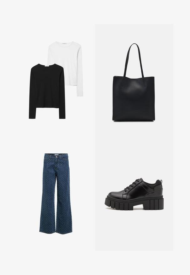 Crne i bijele majice dugih rukava, s okruglim izrezima, mekanim materijalom i uskim krojem sa ravnim rubovima.; Široke traperice tamnog denima s geometrijskim uzorkom u svjetlijim nijansama. Široki kroj, visoki struk i zatvaranje na metalni gumb.; Crne kožne platforme s debelim blok-peta, okruglim prstima i klasičnim dizajnom vezanja. Imaju gladak tekstur i minimalne detalje.; Crna kožna torba za nošenje s glatkom teksturom, pravokutnim oblikom i dvije duge ručke. Nema vidljivih metalnih dijelova ili ukrasa.