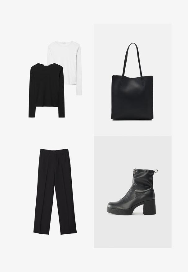Čierne a biele tričká s dlhým rukávom, s okrúhlymi výstrihmi, jemnou tkaninou a priliehavým strihom so rovnými spodnými krajmi.; Čierne upravené nohavice so strihom rovného nohavice, s dvojitými záhybmi, hladkou textúrou a jemnými detailmi na prednom šve.; Čierne členkové topánky z hladkej kože, so bočným zipsom, robustnou textúrovanou pätnou časťou a zaobleným dizajnom špičky.; Čierna kožená taška na rameno s hladkým povrchom, obdĺžnikovým tvarom a dvoma dlhými uchami. Bez viditeľného kovania alebo ozdôb.