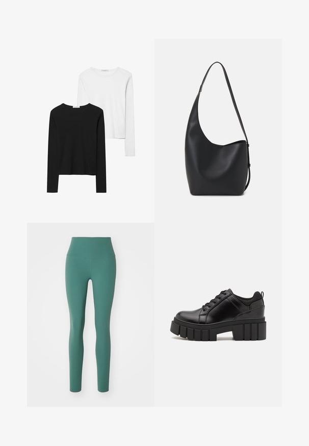 Musta ja valkoinen pitkähihainen t-paita, jossa on pyöreät kaula-aukot, pehmeä kangas ja vartalonmyötäinen muotoilu suorin helmoin.; Housut korkealla vyötäröllä, kiinteän turkoosinväriset, valmistettu joustavasta kankaasta, jossa on sileä pinta, ja niissä on istuva muotoilu ilman näkyviä saumoja.; Mustat nahkakengät, joissa on lättihenkinen korko, pyöreä kärki ja perinteinen nauhakiinnitys. Ominaisuuksiin kuuluu sileä pintakuvio ja minimaalinen yksityiskohtaisuus.; Musta nahkainen hobo-laukku, jossa on sileä pinta, kaareva muoto ja yksi säädettävä olkahihna; sisäänkäynti on leveä ylhäältä.