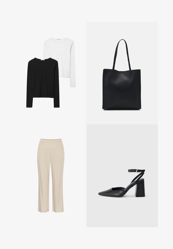Black and white long-sleeve t-shirts, featuring round necklines, soft fabric, and a fitted design with straight hems.; Beige, lightweight, wide-leg pants made from a textured fabric with an elastic waistband and no visible fastenings.; Black leather pointy-toe pump with an ankle strap and a chunky heel. Flat texture, sleek design, and minimalistic aesthetics.; Black leather tote bag with smooth texture, rectangular shape, and two long handles. No visible hardware or embellishments.
