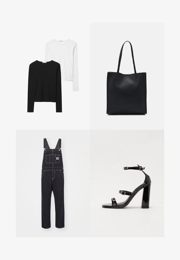 Čierne a biele tričká s dlhým rukávom, s okrúhlymi výstrihmi, jemnou tkaninou a priliehavým strihom so rovnými spodnými krajmi.; Čierne deniminové nohavice s nastaviteľnými popruhmi, predným vreckom a zosilneným šitím. Obsahujú kovové prvky a majú uvoľnený strih.; Čierne lakované sandále na podpätku so štvorcovou špičkou, navlečenými remienkami okolo členku a striebornými prackami. Disponujú masívnym blokovým podpätkom pre stabilitu.; Čierna kožená taška na rameno s hladkým povrchom, obdĺžnikovým tvarom a dvoma dlhými uchami. Bez viditeľného kovania alebo ozdôb.