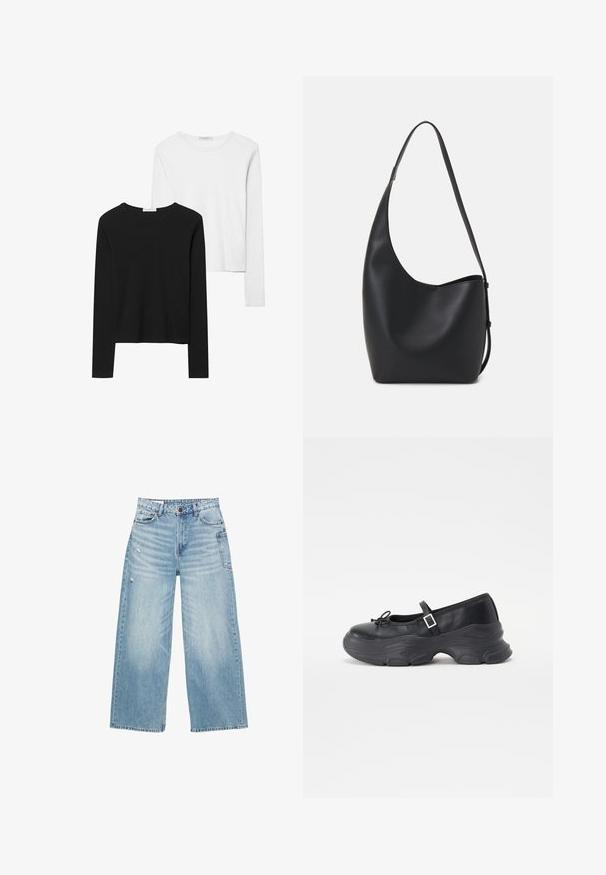 Črno-beli dolg rokav t-shirti z okroglimi izrezi, mehkim blagom in prilegajočim dizajnom z ravnimi robovi.; Svijetloplave traperice širom nogavica, izrađene od denima, s visokim strukom, dizajnom sa pet džepova i suptilnim istrošenim detaljima na tkanini.; Črne usnjene Mary Jane čevlje z zaobljenim nosom, podrobnostjo v obliki pentlje in nastavljivim gležnjenjskim trakom. Imajo masiven gumijast podplat s konkavnimi detajli.; Črna usnjena hobo torba z gladko teksturo, ukrivljeno obliko in eno nastavljivo naramnico; ima širok odprtina na vrhu.