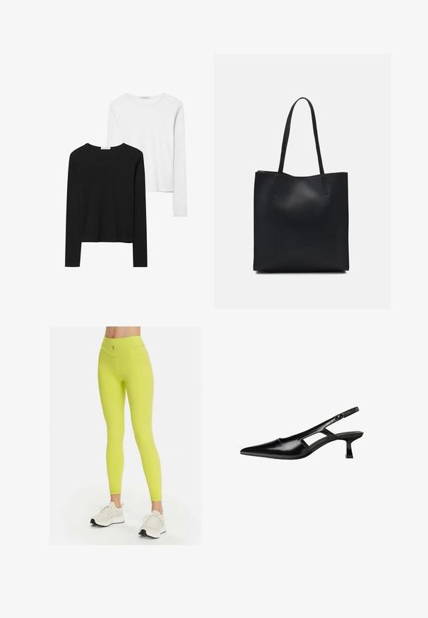 Crne i bijele majice dugih rukava, s okruglim izrezima, mekanim materijalom i uskim krojem sa ravnim rubovima.; Neon žute tajice s visokim strukom, glatkom teksturom i zakrivljenim šavovima; imaju mali logo na struku. Uparene s bijelim tenisicama.; Crne lakirane natikače na remenčić sa špicastim nosom, dizajnom sa izrezima sa strane i malim kvadratnim potplatom. Glatka tekstura s minimalnim akcentima.; Crna kožna torba za nošenje s glatkom teksturom, pravokutnim oblikom i dvije duge ručke. Nema vidljivih metalnih dijelova ili ukrasa.