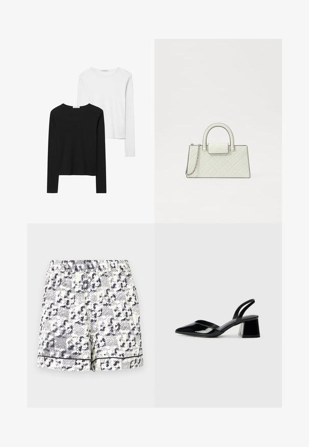Magliette a maniche lunghe in bianco e nero, con collo rotondo, tessuto morbido e design aderente con orli dritti.; Pantaloni corti bianchi con un motivo astratto nero, vita elasticizzata e bordo nero solido lungo l'orlo. Realizzati in un tessuto leggero.; Décolleté in vernice nera con punta affusolata e tacco in geometria cubica. Presentano un design elegante e minimalista, con una texture liscia.; Borsa bianca trapuntata con un design strutturato, manico superiore, tracolla a catena staccabile e un logo in rilievo sulla chiusura.