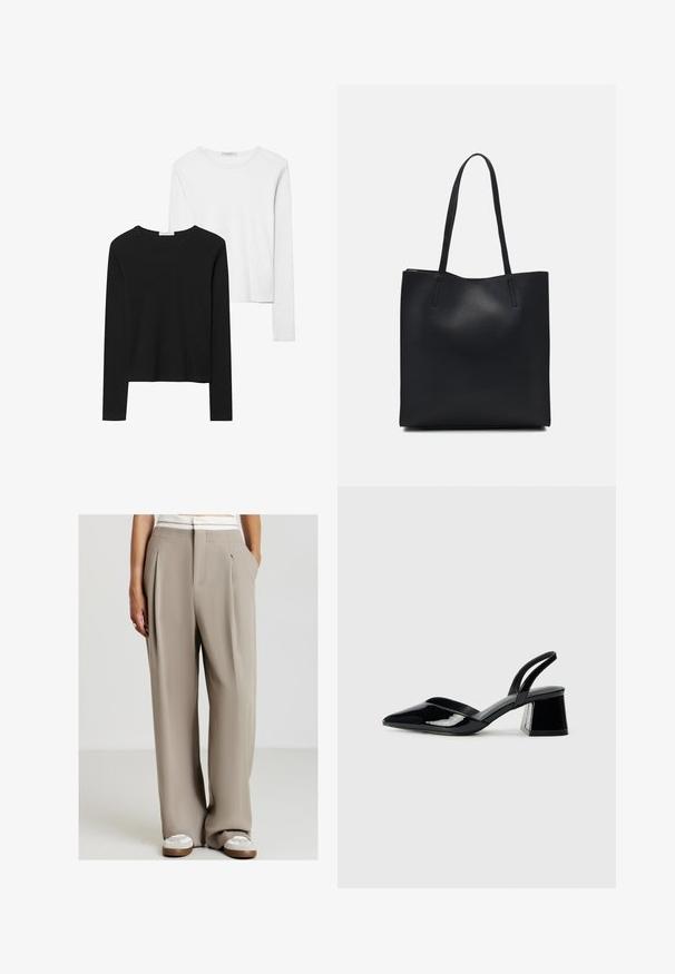 Magliette a maniche lunghe in bianco e nero, con collo rotondo, tessuto morbido e design aderente con orli dritti.; Persona che indossa pantaloni beige a vita alta e gamba larga con pieghe, dettagli della vita bianchi e sneakers bianche, in piedi con le mani in tasca.; Décolleté in vernice nera con punta affusolata e tacco in geometria cubica. Presentano un design elegante e minimalista, con una texture liscia.; Borsa tote in pelle nera con texture liscia, forma rettangolare e due manici lunghi. Nessun hardware o decorazione visibile.