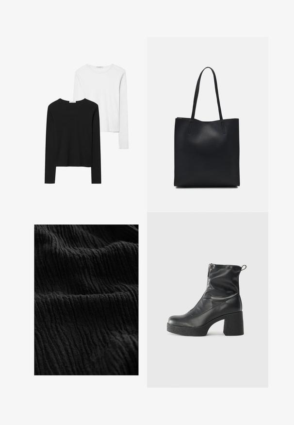 Črno-beli dolg rokav t-shirti z okroglimi izrezi, mehkim blagom in prilegajočim dizajnom z ravnimi robovi.; Črno nabrano blago z teksturirano površino, ki ima globoke utore in različne odtenke, kar ustvarja dimenzionalen videz.; Črne gležnjarje iz gladke kože z božnim zadrgo, masivnim teksturiranim peto in zaobljeno obliko prstov.; Črna usnjena torba s svilnato teksturo, pravokotne oblike in dvema dolgima ročajema. Brez vidnih metalnih delov ali okrasnih elementov.