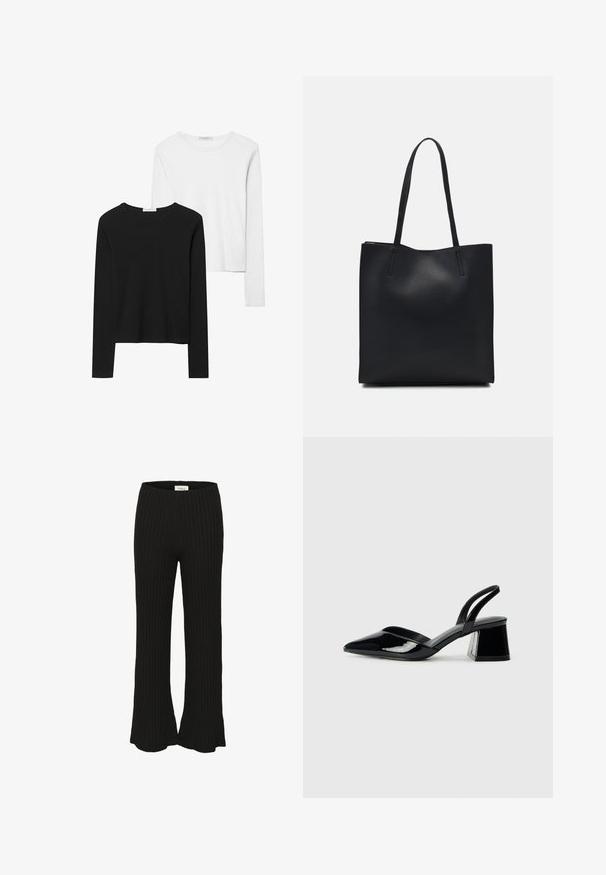 Schwarz-weiß gestreifte Langarmshirts mit Rundhalsausschnitten, weichem Stoff und einer taillierten Passform mit geraden Säumen.; Schwarze gerippte Hosen mit einem ausgestellten Saum und einem hohen Bund. Die Textur wirkt weich und elastisch, ideal für die Freizeit.; Schwarze Lackleder-Slingback-High Heels mit spitzem Schuh und einem geometrischen Blockabsatz. Verfügt über ein schlankes, minimalistisches Design und eine glatte Textur.; Schwarze Laptoptasche aus Leder mit glatter Textur, rechteckiger Form und zwei langen Griffen. Keine sichtbaren Beschläge oder Verzierungen.