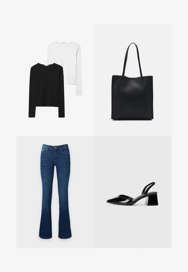 Črno-beli dolg rokav t-shirti z okroglimi izrezi, mehkim blagom in prilegajočim dizajnom z ravnimi robovi.; Modri flared jeans iz denima z srednje visokim pasom, ki vključujejo sprednje in zadnje žepe, oranžno šivanje ter gumbasto zapiranje.; Črne lakirane slingback pete s koničastim nosom in geometrijsko blokasto peto. Imajo eleganten, minimalističen dizajn in gladko teksturo.; Črna usnjena torba s svilnato teksturo, pravokotne oblike in dvema dolgima ročajema. Brez vidnih metalnih delov ali okrasnih elementov.