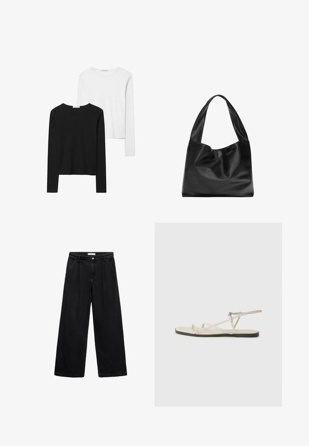 Musta ja valkoinen pitkähihainen t-paita, jossa on pyöreät kaula-aukot, pehmeä kangas ja vartalonmyötäinen muotoilu suorin helmoin.; Mustat leveälahkeiset farkut denimkangasta, joissa on korkea vyötärö, etupocketit ja nappikiinnitys. Tekstuuri on sileä ja yksinkertaisilla yksityiskohdilla.; Beige litte sandaalit, joissa on useita hoikkia hihnoja ja säädettävä solki. Pohja on litteä, ja reunassa on kevyt tumma kontrasti.; Musta nahkainen olkalaukku, jossa on pehmeä, roikkuva muotoilu, leveät kahvat ja sileä pinta. Ei näkyviä metalliosia tai koristeluja.