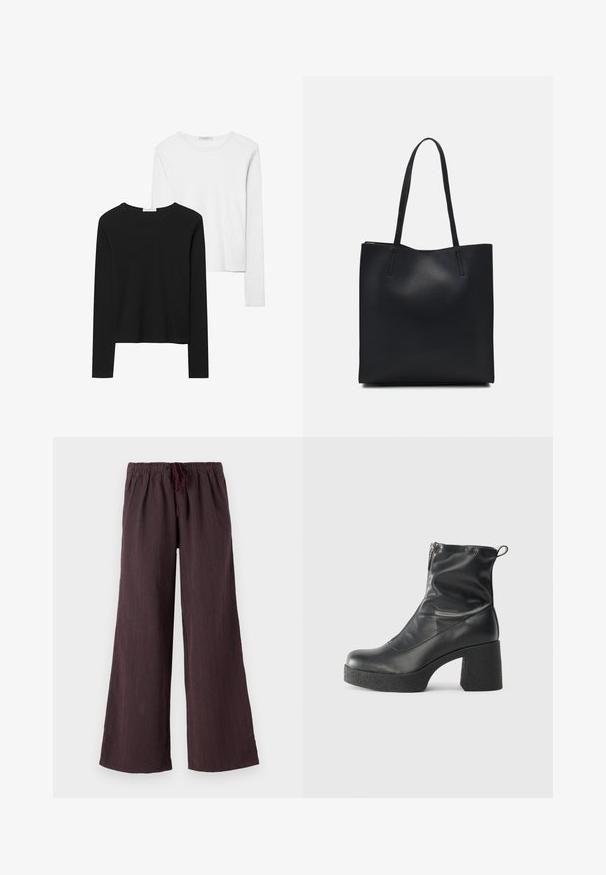Svart- och vitfärgade långärmade t-shirts med rund halsringning, mjukt tyg och en åtsittande design med raka fållar.; Breda byxor med dragsko i midjan i mörkt tyg, med vertikala röda och blå ränder och en mjuk textur.; Svarta ankelstövlar i slitstark läder, med sidodragkedja, kraftig strukturerad klack och rundad tådesign.; Svart lädertoffelväska med slät textur, rektangulär form och två långa handtag. Ingen synlig hårdvara eller dekorationer.