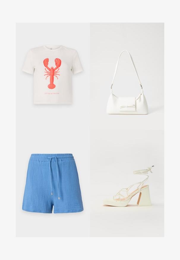 T-shirt de algodão branco com um grande gráfico de lagosta vermelha e o texto "APENAS ME CHAME DE EGOMANÍACO" abaixo em vermelho. Mangas curtas, ajuste regular.; Bermudas de algodão azuis com um design texturizado e enrugado, cintura elástica, cordão ajustável e pontas metálicas de destaque.; Sandálias brancas de salto alto com um salto robusto, apresentando um design com tiras e amarração no tornozelo. Textura suave com uma plataforma na frente para altura adicional.; Mala sintética branca com formato triangular, aba frontal plana e detalhe de laço, alça ajustável, textura suave e design minimalista.