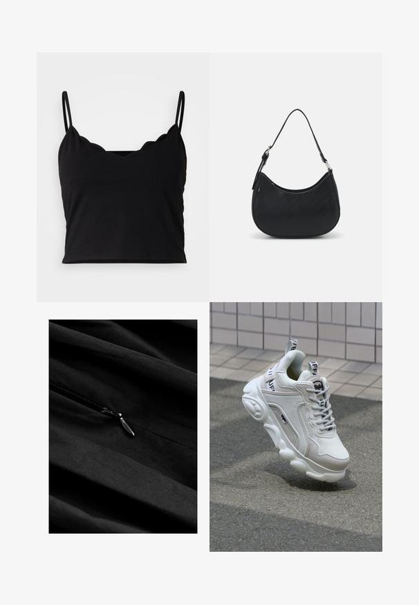 Even&Odd Débardeur - black; Tissu noir à la texture lisse et avec une fermeture éclair visible. La fermeture éclair a un tirette métallique qui se fond subtilement dans le matériau sombre.; Sneaker blanc en matériaux mesh et cuir, bout arrondi, semelle épaisse, lacets proéminents et marqué au talon et sur la languette.; Sac hobo noir en cuir lisse avec une silhouette arrondie, doté d'une seule sangle ajustable et de détails de design minimalistes.