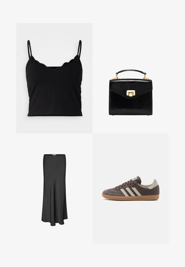 Even&Odd Top - black; Schwarzer midi Rock aus glattem Stoff, mit einem fließenden A-Linien-Design, einfarbig und mit einer subtilen Textur durchgehend.; Braune Leder-Sneaker mit drei hellen Streifen, Gummisohle, abgerundetem Zehenbereich und strukturierten Wildlederelementen an Ferse und Zehen.; Schwarze Handtasche aus Kunstleder im Krokodil-Look mit strukturiertem Design, goldfarbenen Akzenten, einem oberen Tragegriff und einem magnetischen Klappverschluss.