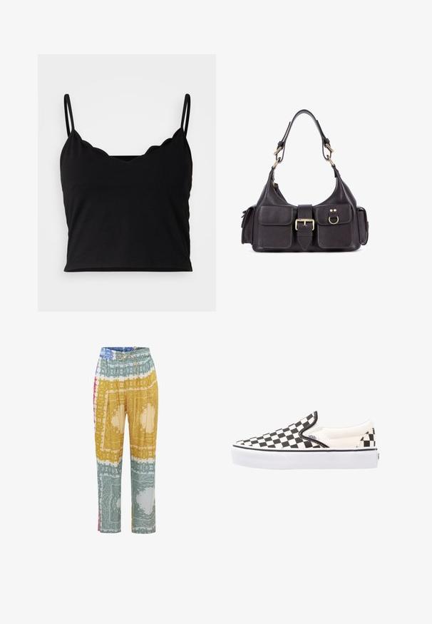Even&Odd Top - black; Bedruckte Hosen in verschiedenen Farben, darunter Gelb, Grün, Rot und Blau, mit einem Kordelzugbund und weitem Bein.; Schwarz-weiße karierte Slip-On Vans-Schuhe mit einem Obermaterial aus Canvas, Gummisohle und gepolstertem Kragen. Flache, runde Zehenpartie mit weißen Sohlenakzenten.; Dunkle Lederhandtasche mit zwei Vorderfächern, einer zentralen Schnalle und goldfarbenen Beschlägen. Glatte Textur mit einer gewölbten Silhouette.