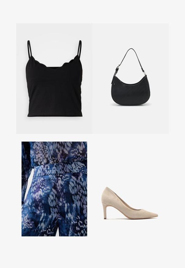 Even&Odd Top - black; Țesătură cu model albastru și mov, cu o textură netedă, având forme abstracte și un tiv ajustat. Vedere de aproape a detaliilor articolului vestimentar.; Pump din suede bej cu toc înalt și vârf ascuțit de 7 cm. Textură netedă, design minimalist și o siluetă uniformă.; Geantă hobo neagră din piele netedă, cu o siluetă curbată, dotată cu un singur curea ajustabilă și detalii de design minimaliste.