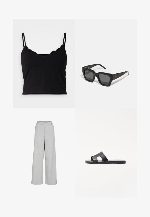 Even&Odd Top - black; Lichtgrijze wijde broek van textuurstof, met een vlakke voorkant, riemlussen en een nette, op maat gemaakte uitstraling.; Zwarte leren slidesandalen met een uitsnijdontwerp, platte zool en een zachte textuur. Eenvoudige vorm zonder decoratieve accenten.; Zwarte vierkante zonnebril met donkere lenzen, een dik plastic montuur en slanke pootjes. Bevat subtiele branding aan de zijkant.; Zwarte faux-krokodillenleder handtas met een gestructureerd ontwerp, gouden hardware, een bovenhandgreep en een magnetische klepsluiting.