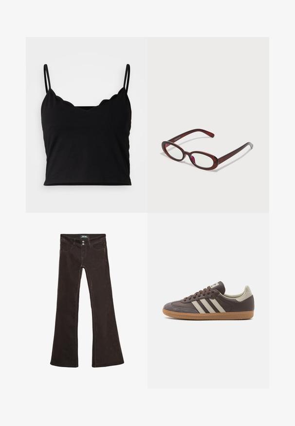 Even&Odd Top - black; Braune, ausgestellte Jeans aus einem weichen Stoff, mit zwei Vordertaschen, zwei Hintertaschen und Metallknopfverschlüssen an der Taille.; Braune Leder-Sneaker mit drei hellen Streifen, Gummisohle, abgerundetem Zehenbereich und strukturierten Wildlederelementen an Ferse und Zehen.; Ovale rote Sonnenbrillen mit klaren Gläsern und schlanken braunen Fassungen. Das Design weist sanfte Kurven und minimalen Hardwareeinsatz auf.; Schwarze Handtasche aus Kunstleder im Krokodil-Look mit strukturiertem Design, goldfarbenen Akzenten, einem oberen Tragegriff und einem magnetischen Klappverschluss.