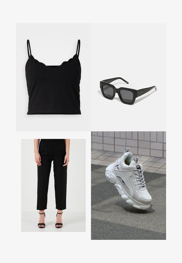 Even&Odd Top - black; Černé lněné kalhoty s elastickým pasem, rovného střihu a délky po kotníky, doplněné černými sandály na vysokém podpatku se sáčky.; Bílé tenisky vyrobené z textilního a koženého materiálu, s kulatou špičkou, silnou podrážkou, výraznými šňůrkami a logem na patě a jazyku.; Černé sluneční brýle ve čtvercovém tvaru s tmavými skly, silným plastovým rámem a elegantními stranami. Obsahují nenápadné logo na boku.