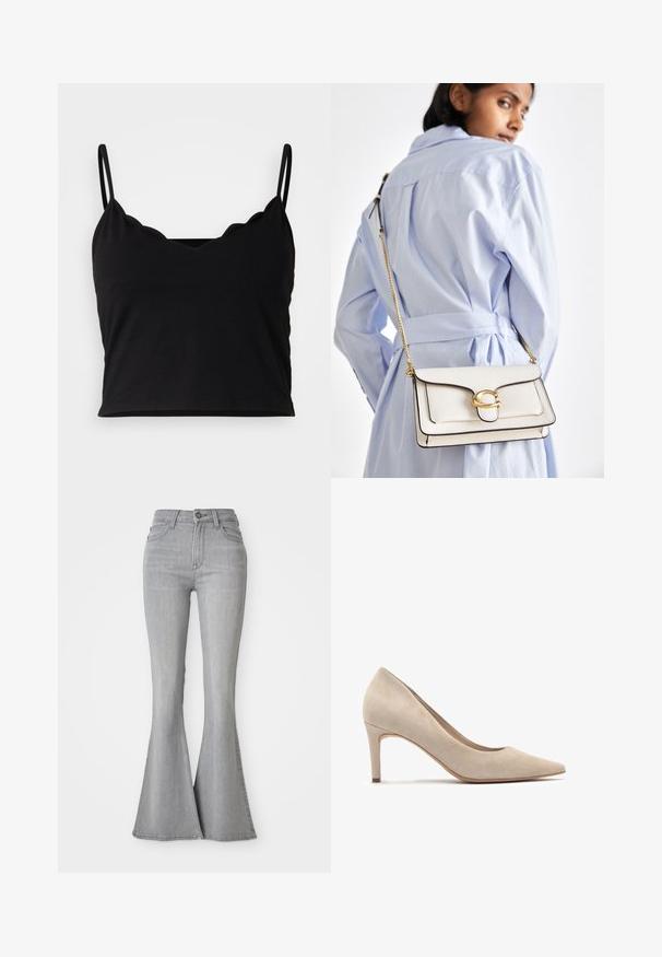 Even&Odd Top - black; Blugi din denim gri deschis, cu talie înaltă, cu picior evazat, cu nasture în față, fermoar și buzunare frontale și spate.; Pump din suede bej cu toc înalt și vârf ascuțit de 7 cm. Textură netedă, design minimalist și o siluetă uniformă.; Geantă din piele albă cu accesorii aurii, cu un clapetă frontală și margini negre, având o curea din lanț purtată peste umăr, în contrast cu o cămașă de culoare albastru deschis.