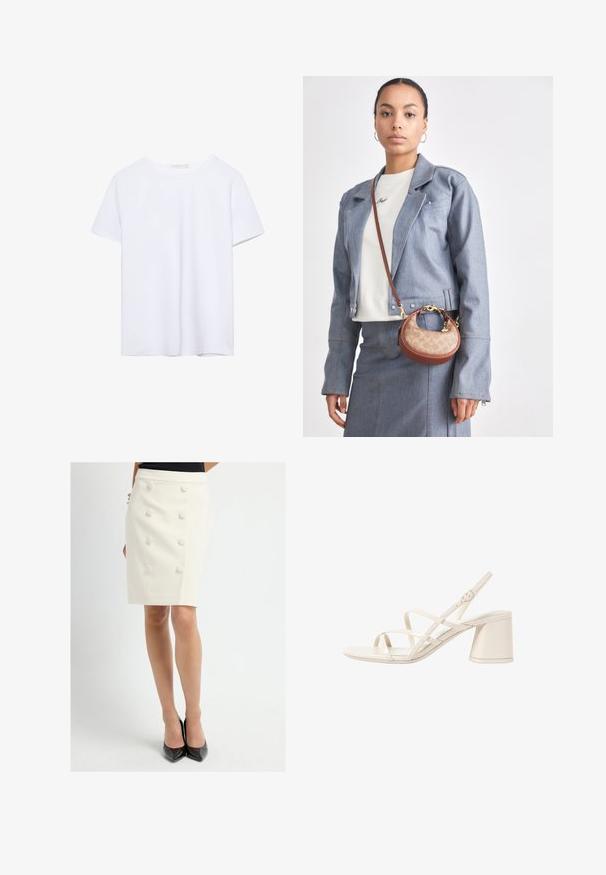Ein einfarbiges weißes T-Shirt mit kurzen Ärmeln und Rundhalsausschnitt, mit geradem Saum, auf einem weißen Hintergrund präsentiert.; Weißer, taillierter Bleistiftrock mit hoher Taille und sechs runden, mit Stoff bezogenen Knöpfen entlang der Vorderseite, kombiniert mit schwarzen High-Heels.; Beige High Heels Sandalen mit schlanken, überkreuzten Riemen, offener Zehenpartie und einem quadratischen Blockabsatz. Glänzende Lack-Oberfläche, verstellbarer Knöchelriemen.; Kleine braune und beige Handtasche mit klassischem Logo-Muster, goldenen Beschlägen und geschwungener Form, kombiniert mit einer Jeansjacke und einem Rock.