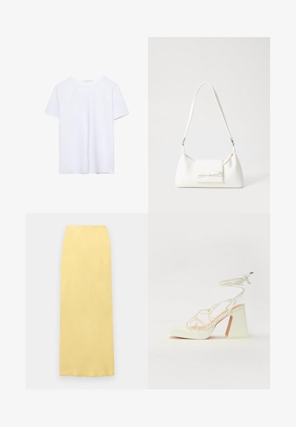 Hladké biele tričko s krátkym rukávom a okrúhlym výstrihom, s rovnými lemami, vystavené na bielom pozadí.; Žltá midi sukňa vyrobená z hladkej látky, s vysokým pásom a rovnou siluetou, bez viditeľných vzorov alebo kovových detailov.; Biele sandále na vysokom opätku s hrubým podpätkom, s pruhovaným dizajnom a viazaním na členku. Hladký povrch s platformou vpredu pre zvýšenú výšku.; Biela syntetická kabelka s trojuholníkovým tvarom, plochým predným klapkou a detailom mašle, nastaviteľným popruhom, hladkou textúrou a minimalistickým dizajnom.