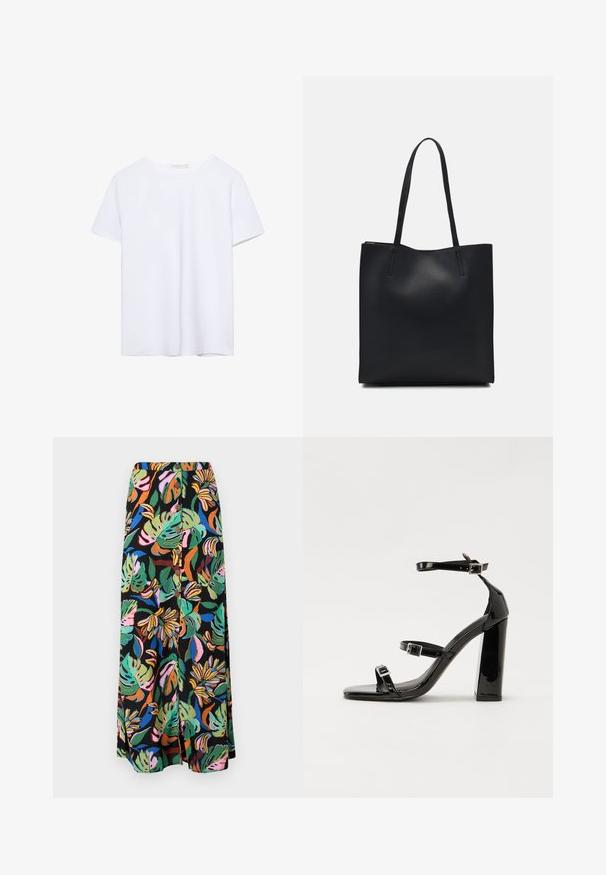 Plain white short-sleeve crew neck t-shirt with a straight hem, displayed on a white background.; Maxi skirt featuring a vibrant tropical leaf and flower pattern in green, pink, orange, and blue on a black background, with button details.; Black patent heeled sandals with a square toe, ankle straps, and silver buckles. Features a chunky block heel for stability.; Black leather tote bag with smooth texture, rectangular shape, and two long handles. No visible hardware or embellishments.