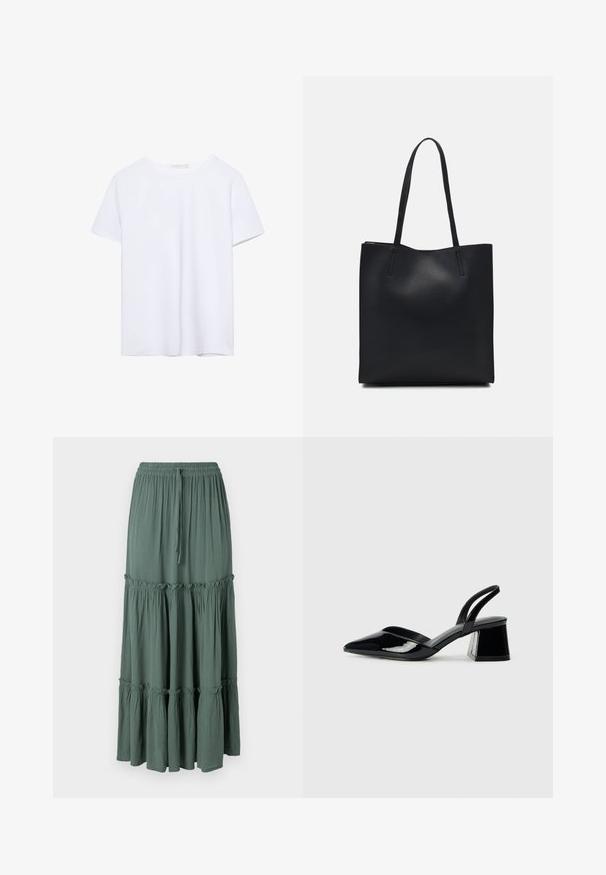 T-shirt bianco a maniche corte con collo rotondo e orlo dritto, esposto su uno sfondo bianco.; Gonna lunga a strati in verde tenue. Realizzata in tessuto leggero con vita elastica e cordino, presenta dettagli arricciati ai lati.; Décolleté in vernice nera con punta affusolata e tacco in geometria cubica. Presentano un design elegante e minimalista, con una texture liscia.; Borsa tote in pelle nera con texture liscia, forma rettangolare e due manici lunghi. Nessun hardware o decorazione visibile.