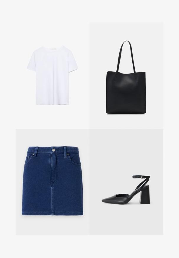 Lyhythihainen valkoinen t-paita pyöreällä pääntiellä ja suoralinjaisella helmalla, esillä valkoisella taustalla.; Syvä sininen farkkuhame, jossa on istuva muotoilu, etuvetoketju ja kaksi sivutaskua. Sisältää näkyvän ompeleen ja suoran helman.; Mustat nahkakengät, joissa on kapea kärki, nilkkaremmi ja paksu korko. Tasainen pinta, tyylikäs muotoilu ja minimalistinen estetiikka.; Mustapahkainen kangaskassi, jossa on sileä pinta, suorakaiteen muotoinen ja kaksi pitkää kahvaa. Ei näkyvää metalliosaa tai koristeita.