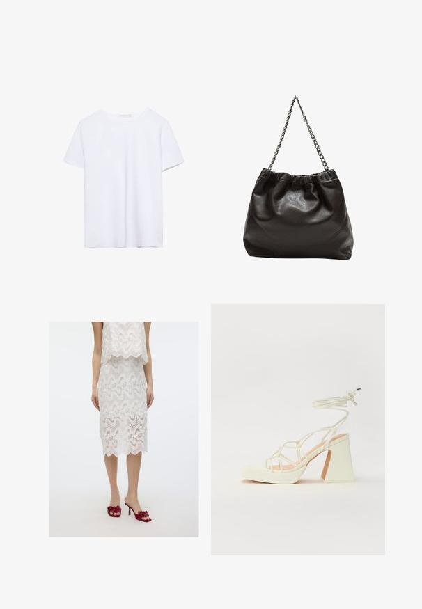 Lyhythihainen valkoinen t-paita pyöreällä pääntiellä ja suoralinjaisella helmalla, esillä valkoisella taustalla.; Valkoinen pitsikaksiosainen asu, jossa on aaltoileva muotoilu, hapsureunus ja tekstuuriset yksityiskohdat; yhdistettynä punaisiin kukkakuosisilla korkokengillä.; Valkoinen korkokenkä, jossa on paksu korko, ja joka sisältää nauhakiinnityksen ja nilkkaketjun. Sujuva pinta, jossa on platform-etupohja lisäkorkeutta varten.; Ruskea nahkainen laukku, jossa on kerätty yläosa ja ketjuhihna. Tasainen pinta, jossa kiiltävä viimeistely ja hienovaraiset sauman yksityiskohdat sivuilla.