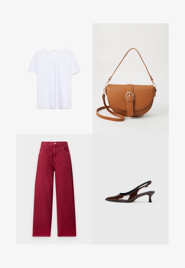 Simpel hvid kortærmet t-shirt med rund hals og lige kant, præsenteret på en hvid baggrund.; Bredde bukser i en dyb burgunderfarve, lavet af robust denim, med forlommer og en knaplukning i taljen.; Brun patenteret læder slingback sko med spids tå og en moderat hæl. Har en spænde rem for en sikker pasform. Glat tekstur.; Brun læder crossbody taske med en buet form, guldfarvet hardware og en spændeaccent. Har en aftagelig skulderrem.