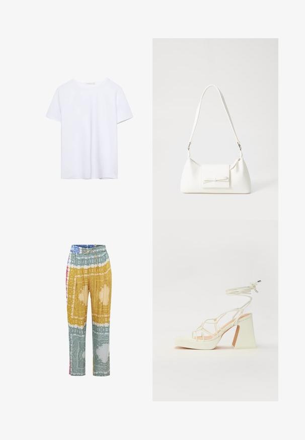 Plain white short-sleeve crew neck t-shirt with a straight hem, displayed on a white background.; Printed trousers featuring a variety of colors including yellow, green, red, and blue, with a drawstring waistband and wide-leg design.; White high-heeled sandal with a chunky heel, featuring a strappy design and ankle tie. Smooth texture with a platform front for added height.; White synthetic handbag with a triangular shape, flat front flap and bow detail, adjustable strap, smooth texture, and minimalistic design.