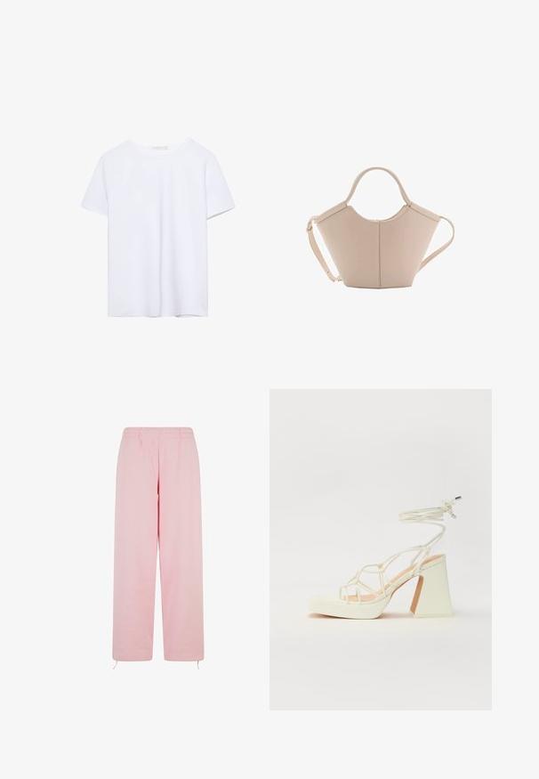 Rakt skuren vit t-shirt med kort ärm och rund Halsringning, visad på en vit bakgrund.; Ljust rosa sweatpants gjorda av mjukt tyg, med elastisk midja, rak ben-design och justerbara dragsnören vid fållen.; Vit högklackad sandal med en kraftig klack, med ett remdesign och ankelband. Slät textur med en plattform framtill för ökad höjd.; Beige läderhandväska med en unik form, med två korta handtag och ett långt justerbart axelband. Slät textur med minimal hårdvara.