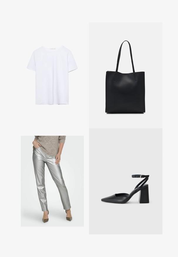 Ein einfarbiges weißes T-Shirt mit kurzen Ärmeln und Rundhalsausschnitt, mit geradem Saum, auf einem weißen Hintergrund präsentiert.; Silberne, metallic glänzende Slim-Fit-Hosen mit glatter Textur und subtilen Falten. Getragen mit einem hellbraunen Strickpullover und spitzen Absätzen.; Schwarze Leder-Pumps mit spitzer Zehe, einem Knöchelriemen und einem blockigen Absatz. Flache Textur, elegantes Design und minimalistische Ästhetik.; Schwarze Laptoptasche aus Leder mit glatter Textur, rechteckiger Form und zwei langen Griffen. Keine sichtbaren Beschläge oder Verzierungen.