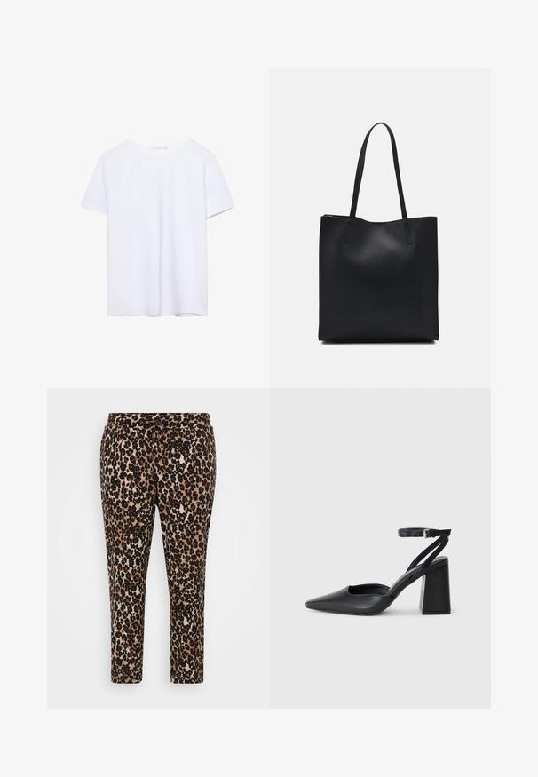 Rakt skuren vit t-shirt med kort ärm och rund Halsringning, visad på en vit bakgrund.; Leopardenmönstrade byxor i mjukt, texturerat tyg med elastisk midja och dragsko, samt rak benstil med en kortad längd.; Svart läderpumps med spetsig tå, ankelrem och kraftig klack. Slät textur, stilren design och minimalistisk estetik.; Svart lädertoffelväska med slät textur, rektangulär form och två långa handtag. Ingen synlig hårdvara eller dekorationer.
