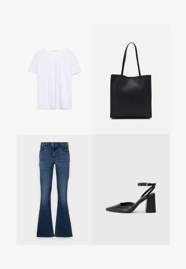 Puur witte t-shirt met korte mouwen en ronde halslijn, met een rechte zoom, weergegeven op een witte achtergrond.; Donkerblauwe flare jeans met een vijf-pocket ontwerp, denim materiaal, een tailleband met een knoopsluiting en subtiele vervaging aan de voorkant.; Zwarte leren puntige pump met een enkelbandje en een chunky hak. Vlakke textuur, strakke vormgeving en minimalistische esthetiek.; Zwarte leren handtas met een gladde textuur, rechthoekige vorm en twee lange handvaten. Geen zichtbare hardware of versieringen.