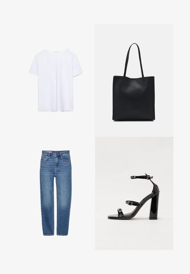 Lyhythihainen valkoinen t-paita pyöreällä pääntiellä ja suoralinjaisella helmalla, esillä valkoisella taustalla.; Siniset farkut suoralla lahkeella, joissa on viisi taskua ja korkea vyötärö. Ominaisuuksina vaalea haalistuminen ja kontrastiväriset tikkaus.; Musta kiiltäväpintainen korkokengät, joissa on kaksi solkikiinnitystä, neliönmuotoinen kärki ja paksu korko, sileällä, kiiltävällä pintarakenteella.; Mustapahkainen kangaskassi, jossa on sileä pinta, suorakaiteen muotoinen ja kaksi pitkää kahvaa. Ei näkyvää metalliosaa tai koristeita.