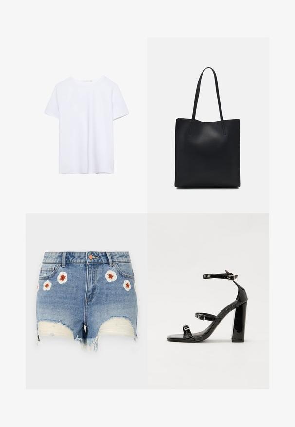 Hladké biele tričko s krátkym rukávom a okrúhlym výstrihom, s rovnými lemami, vystavené na bielom pozadí.; Džínové šortky s roztrhnutým okrajom, svetlo modrej farby, s kvetinovou výšivkou v bielej a hnedej farbe okolo prednej časti. Dizajn s piatimi vreckami.; Čierne lakované sandále na podpätku so štvorcovou špičkou, navlečenými remienkami okolo členku a striebornými prackami. Disponujú masívnym blokovým podpätkom pre stabilitu.; Čierna kožená taška na rameno s hladkým povrchom, obdĺžnikovým tvarom a dvoma dlhými uchami. Bez viditeľného kovania alebo ozdôb.