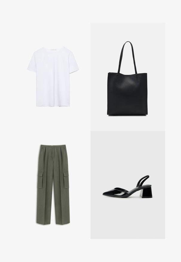 Ein einfarbiges weißes T-Shirt mit kurzen Ärmeln und Rundhalsausschnitt, mit geradem Saum, auf einem weißen Hintergrund präsentiert.; Grüne Cargo-Hosen mit geradem Schnitt, ausgestattet mit zwei großen Seitentaschen und einem strukturierten Stoff. Gefaltete Vorderseitenakzente verleihen zusätzliche Struktur.; Schwarze Lackleder-Slingback-High Heels mit spitzem Schuh und einem geometrischen Blockabsatz. Verfügt über ein schlankes, minimalistisches Design und eine glatte Textur.; Schwarze Laptoptasche aus Leder mit glatter Textur, rechteckiger Form und zwei langen Griffen. Keine sichtbaren Beschläge oder Verzierungen.