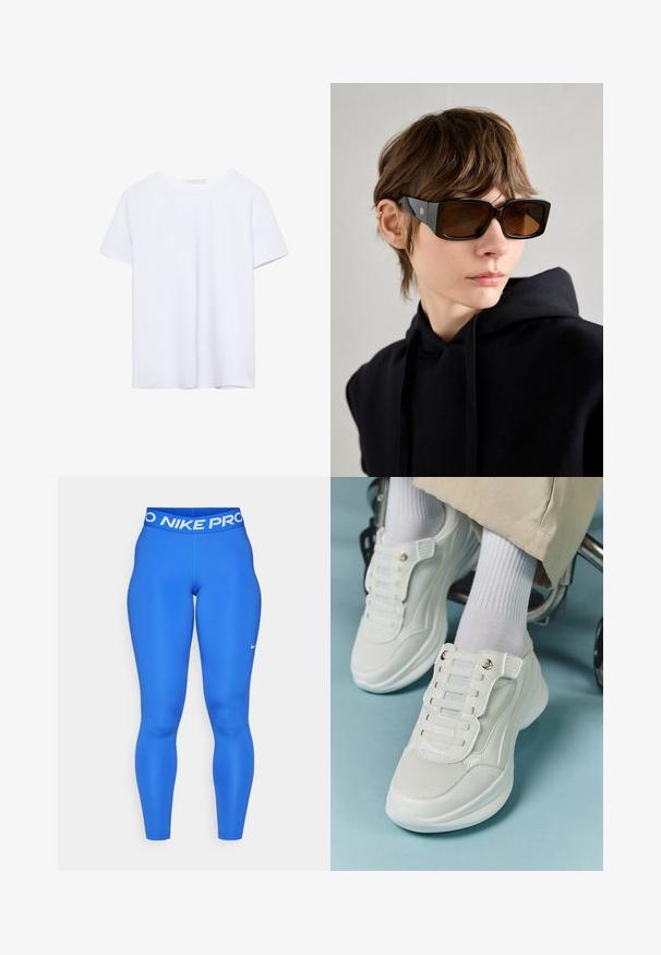 Prosta, biała koszulka z krótkim rękawem i okrągłym dekoltem, z prostym wykończeniem, wyeksponowana na białym tle.; Niebieskie legginsy Nike Pro z szerokim białym pasem w talii z napisem "NIKE PRO", wykonane z gładkiego, elastycznego materiału w dopasowanym fasonie.; Białe sneakersy z siateczkowego materiału, gumową podeszwą, bezsznurowym designem z elastycznymi paskami oraz złotymi akcentami.; Czarne, oversize okulary przeciwsłoneczne o błyszczącym wykończeniu, prostokątnym kształcie, brązowych soczewkach oraz złotym detalu logo na zausznikach.